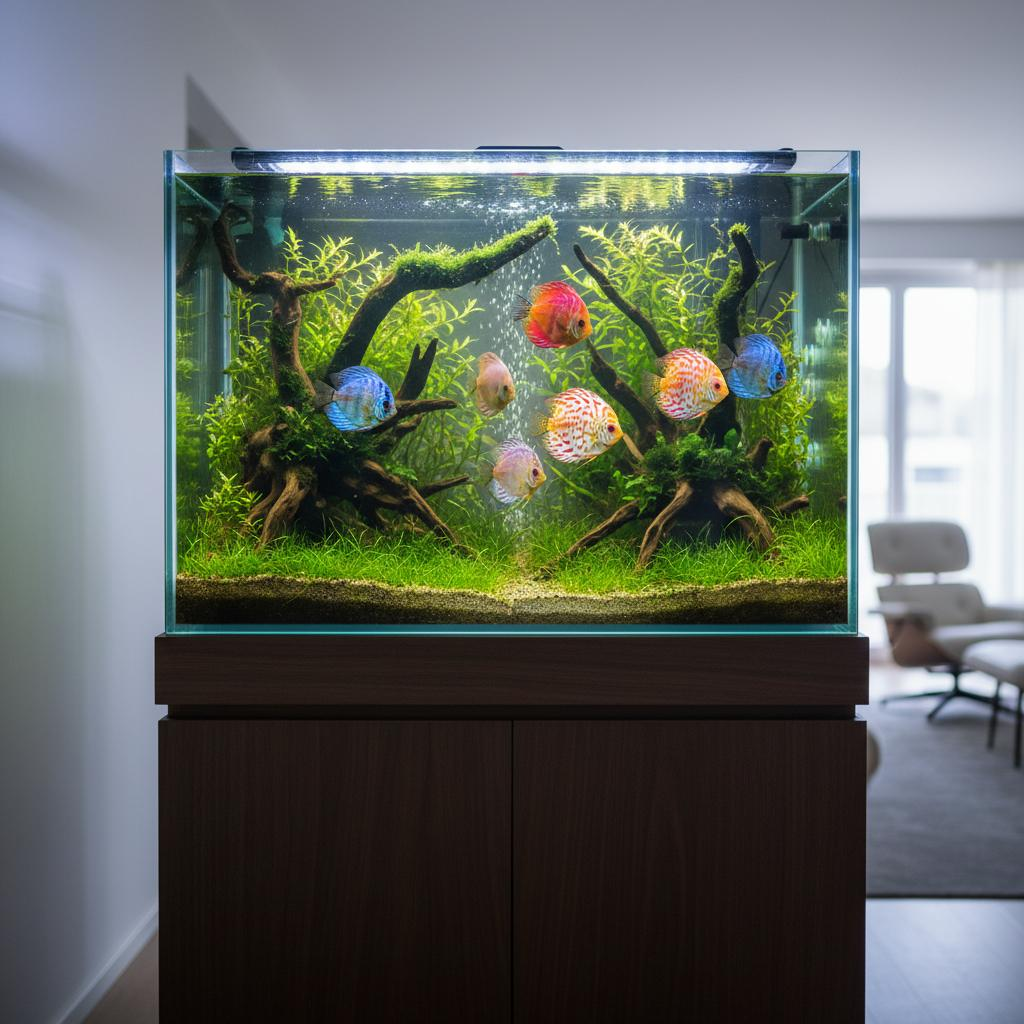 Planted freshwater aquarium with discus fish — Animal Wellbeing Australian-made aquarium care